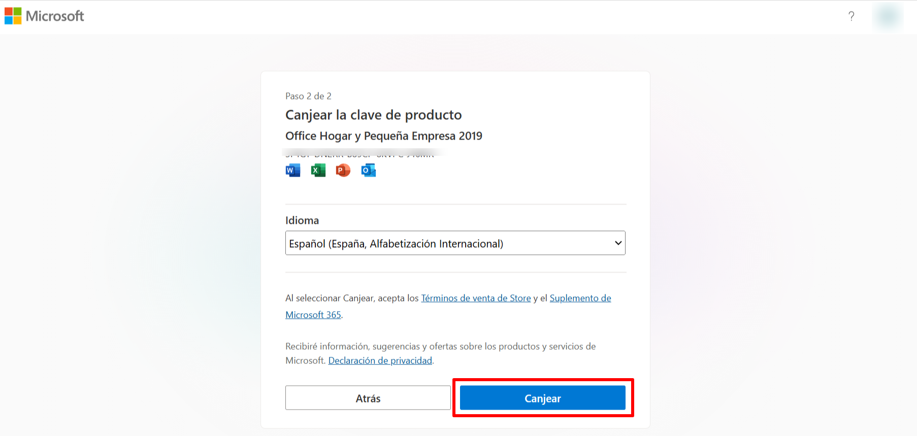 Campo para introducir clave de producto en setup.office.com